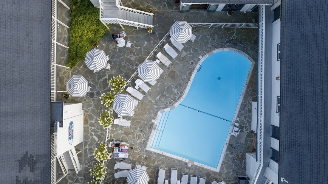 Aerial view of A Wave Inn and downtown Montauk